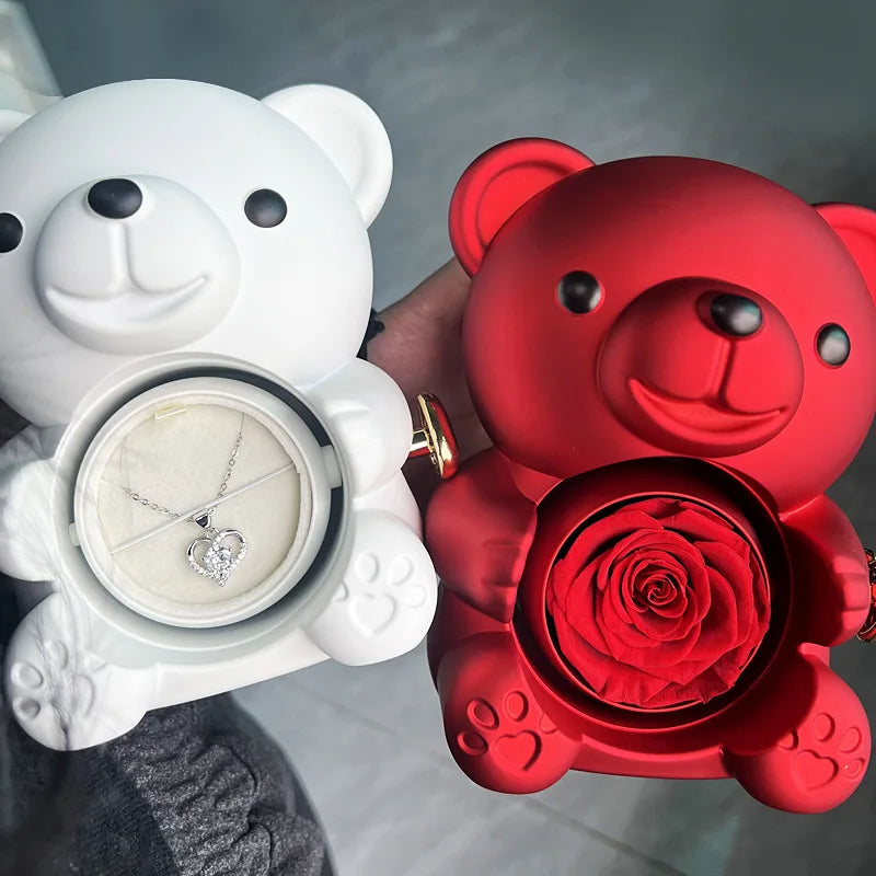 Imported Gift Box with Round Diamond Necklace Rotating Eternal Rose Box -Teddy Bear 3 in 1 gift / Wedding Jewelry Occasions Custom Name Necklace Gift For Women-Anniversary Hamper Gift