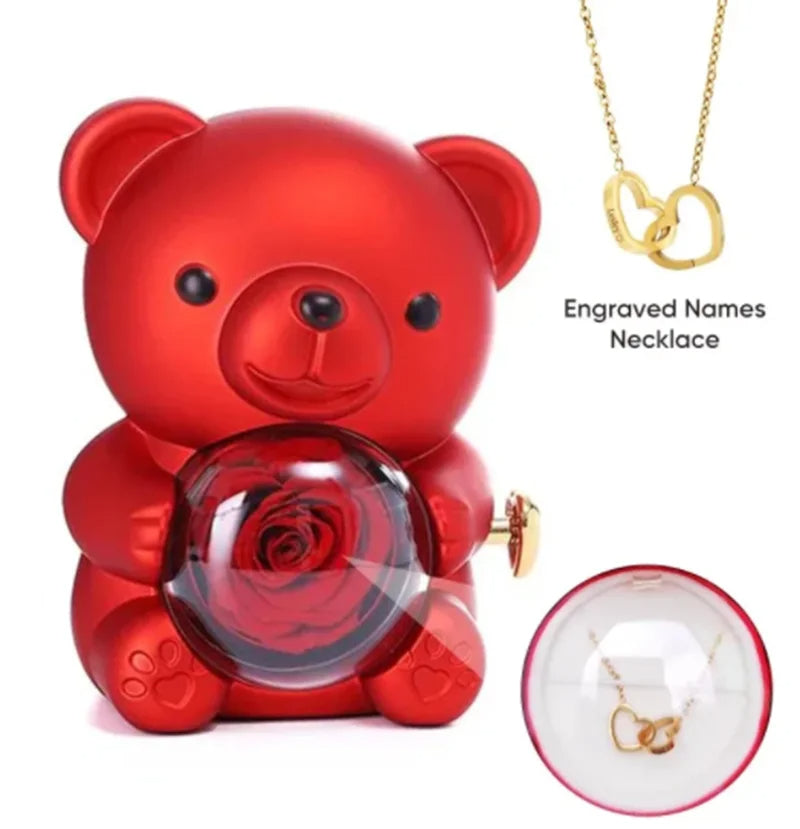 Imported Gift Box with Round Diamond Necklace Rotating Eternal Rose Box -Teddy Bear 3 in 1 gift / Wedding Jewelry Occasions Custom Name Necklace Gift For Women-Anniversary Hamper Gift