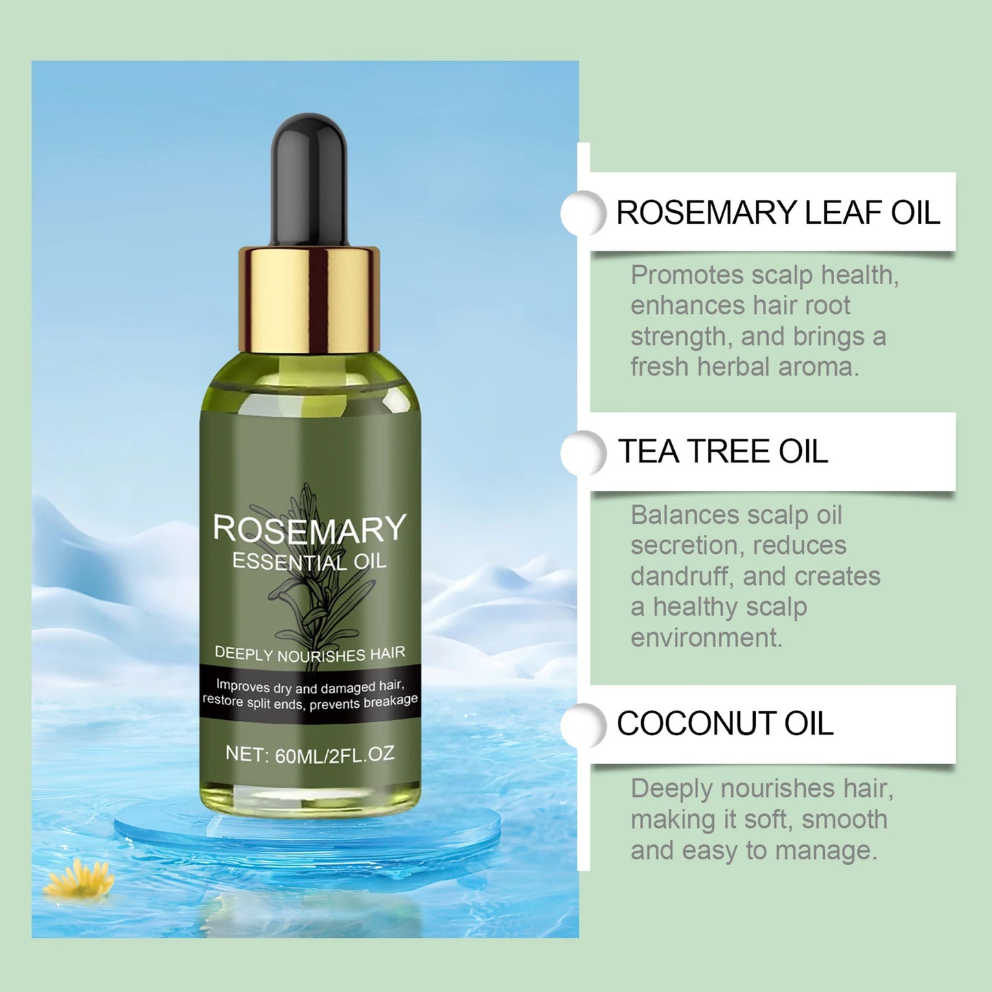 Rosemary Hair Essentiall Oil for Man Woman Smoothing Hair Strengthening Nourishing Brightening Moisturing Softening Luster Hair Care Product worlds best hair oil #1 hair growth long shiny. 1000+ satisfied customers
