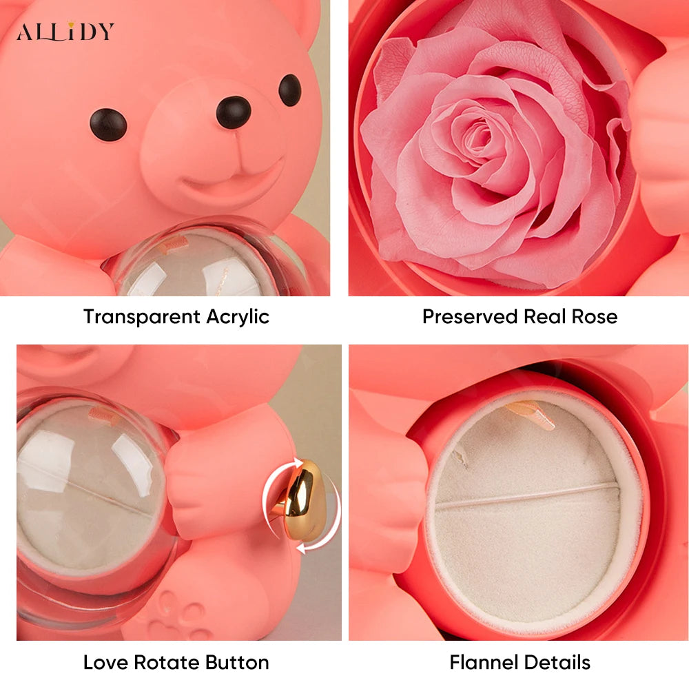 Imported Gift Box with Round Diamond Necklace Rotating Eternal Rose Box -Teddy Bear 3 in 1 gift / Wedding Jewelry Occasions Custom Name Necklace Gift For Women-Anniversary Hamper Gift
