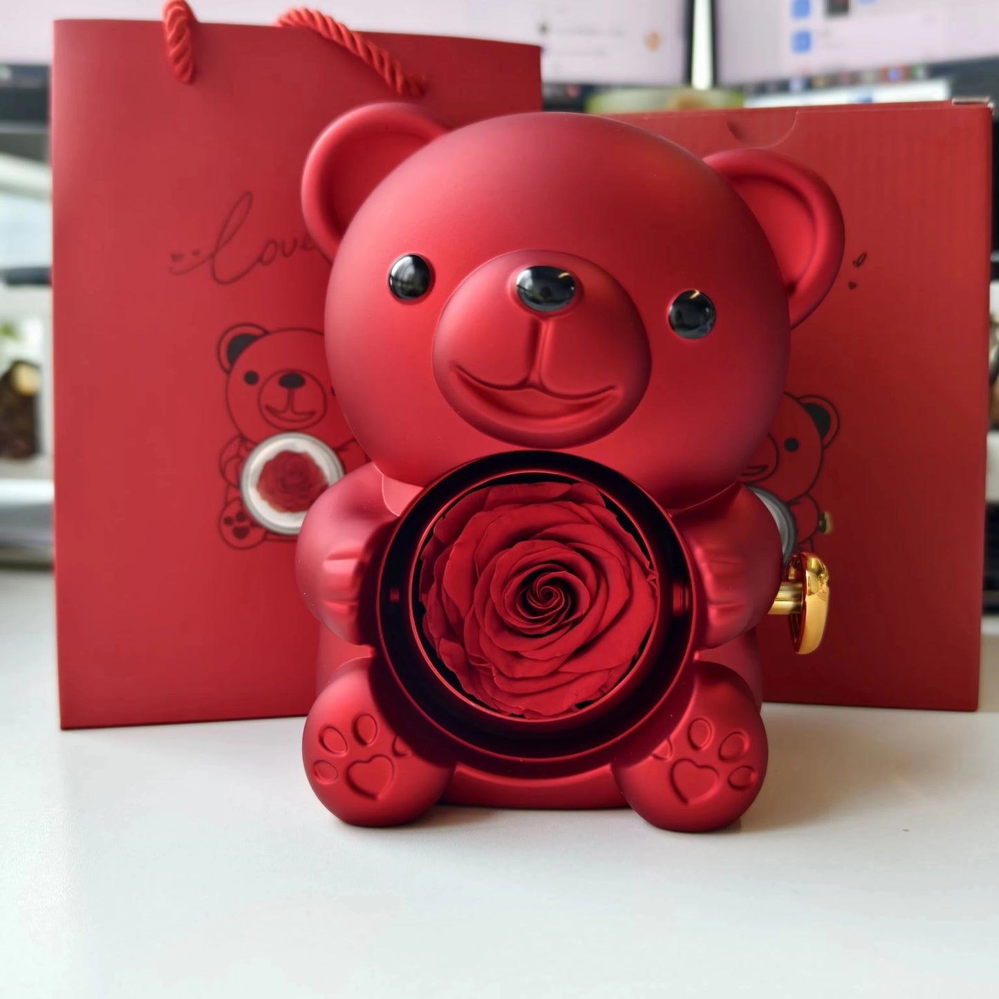 Imported Gift Box with Round Diamond Necklace Rotating Eternal Rose Box -Teddy Bear 3 in 1 gift / Wedding Jewelry Occasions Custom Name Necklace Gift For Women-Anniversary Hamper Gift