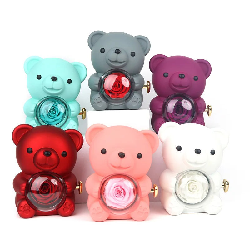 Imported Gift Box with Round Diamond Necklace Rotating Eternal Rose Box -Teddy Bear 3 in 1 gift / Wedding Jewelry Occasions Custom Name Necklace Gift For Women-Anniversary Hamper Gift