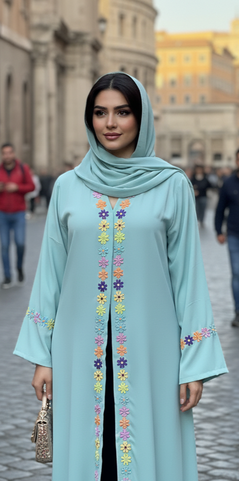 Mid Summer Floral Embroidered Open Abaya Matching Hijab - Women Abaya and Hijab