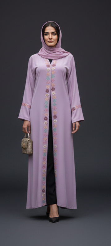 Mid Summer Floral Embroidered Open Abaya Matching Hijab - Women Abaya and Hijab