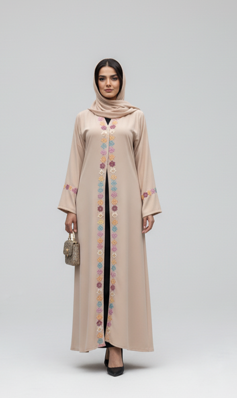Mid Summer Floral Embroidered Open Abaya Matching Hijab - Women Abaya and Hijab