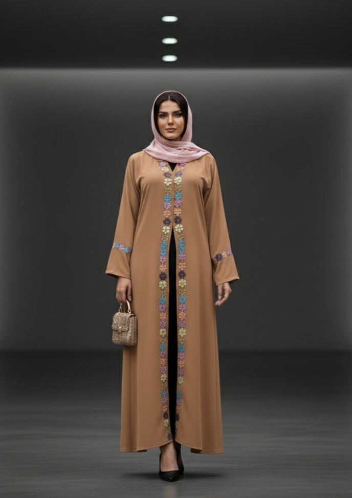 Mid Summer Floral Embroidered Open Abaya Matching Hijab - Women Abaya and Hijab