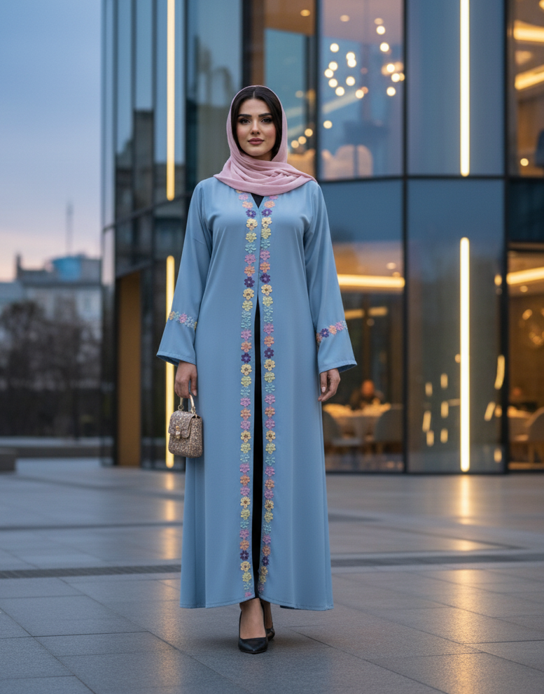 Mid Summer Floral Embroidered Open Abaya Matching Hijab - Women Abaya and Hijab