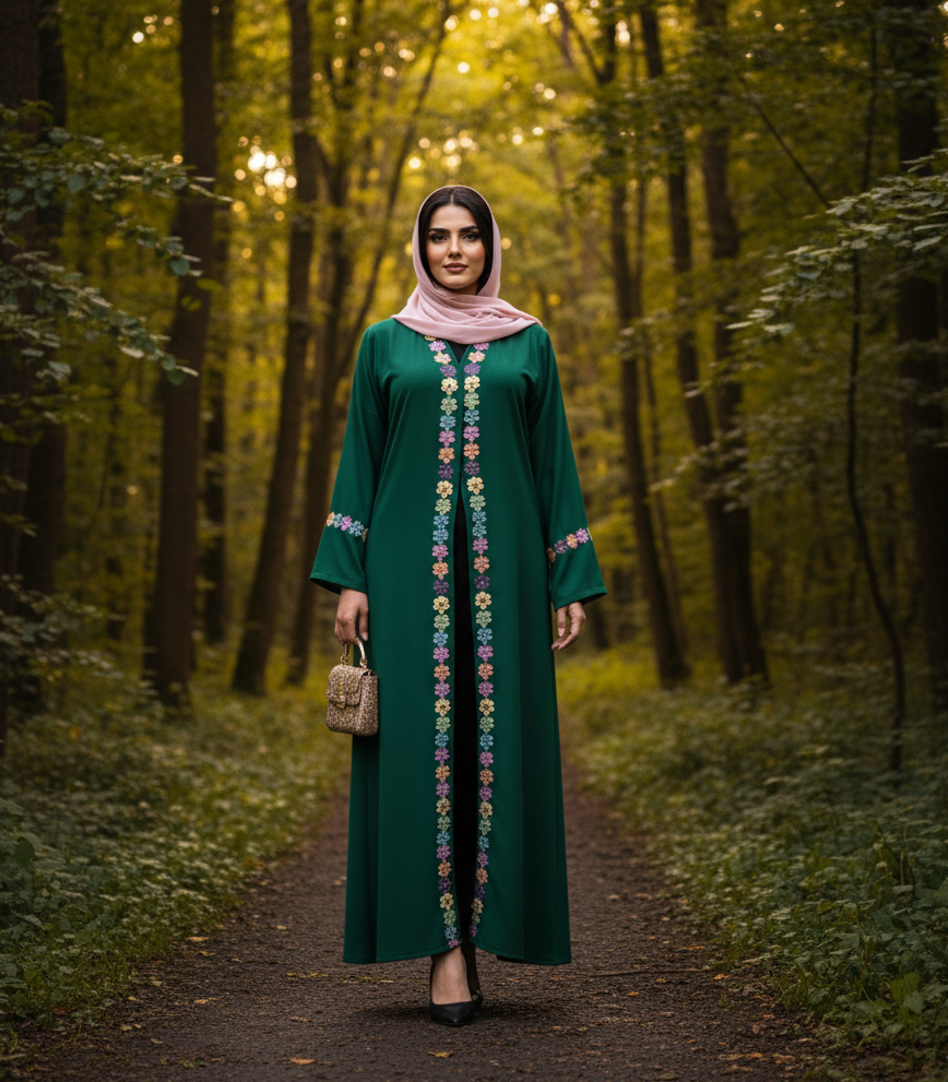 Mid Summer Floral Embroidered Open Abaya Matching Hijab - Women Abaya and Hijab