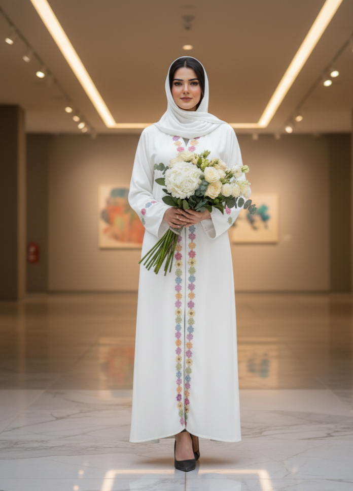 Mid Summer Floral Embroidered Open Abaya Matching Hijab - Women Abaya and Hijab