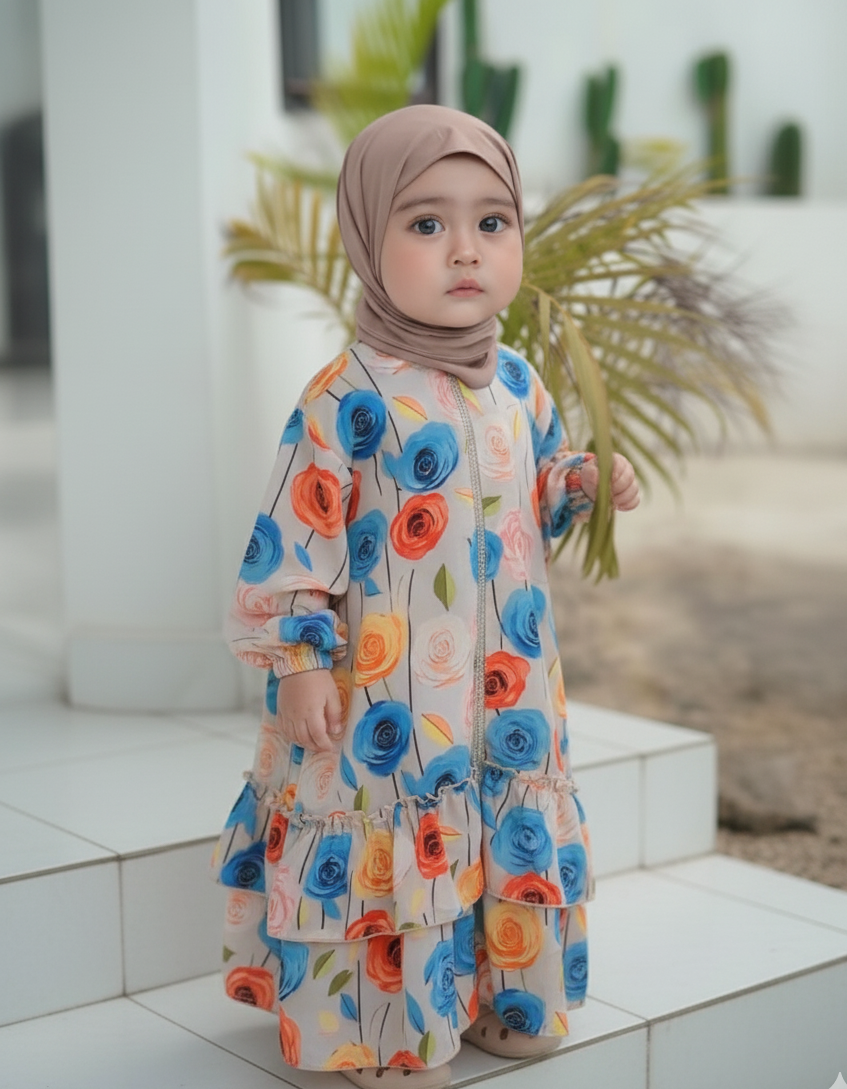Children Abaya Dress  - Easy to Wear Kids Abaya - Floral Print Abaya