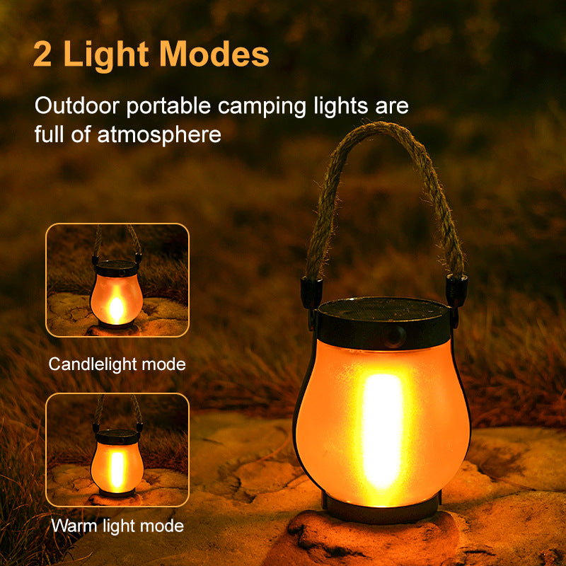 New Solar Hemp Rope Flame Lamp Hanging Outdoor Camping Lamp Charging Courtyard Decoration Multi-function Lighting Lamp