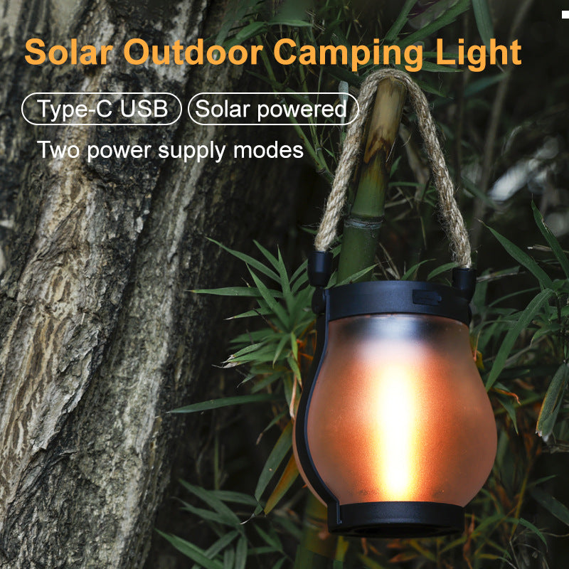 New Solar Hemp Rope Flame Lamp Hanging Outdoor Camping Lamp Charging Courtyard Decoration Multi-function Lighting Lamp