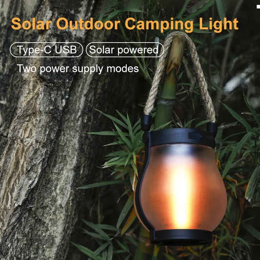 New Solar Hemp Rope Flame Lamp Hanging Outdoor Camping Lamp Charging Courtyard Decoration Multi-function Lighting Lamp