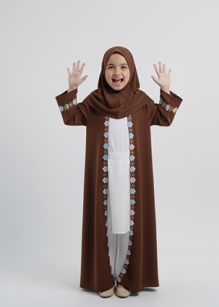 Kids brown Abaya with Attached Hijab – Floral Embroidered Premium Chiffon Abaya by SavvyShopz