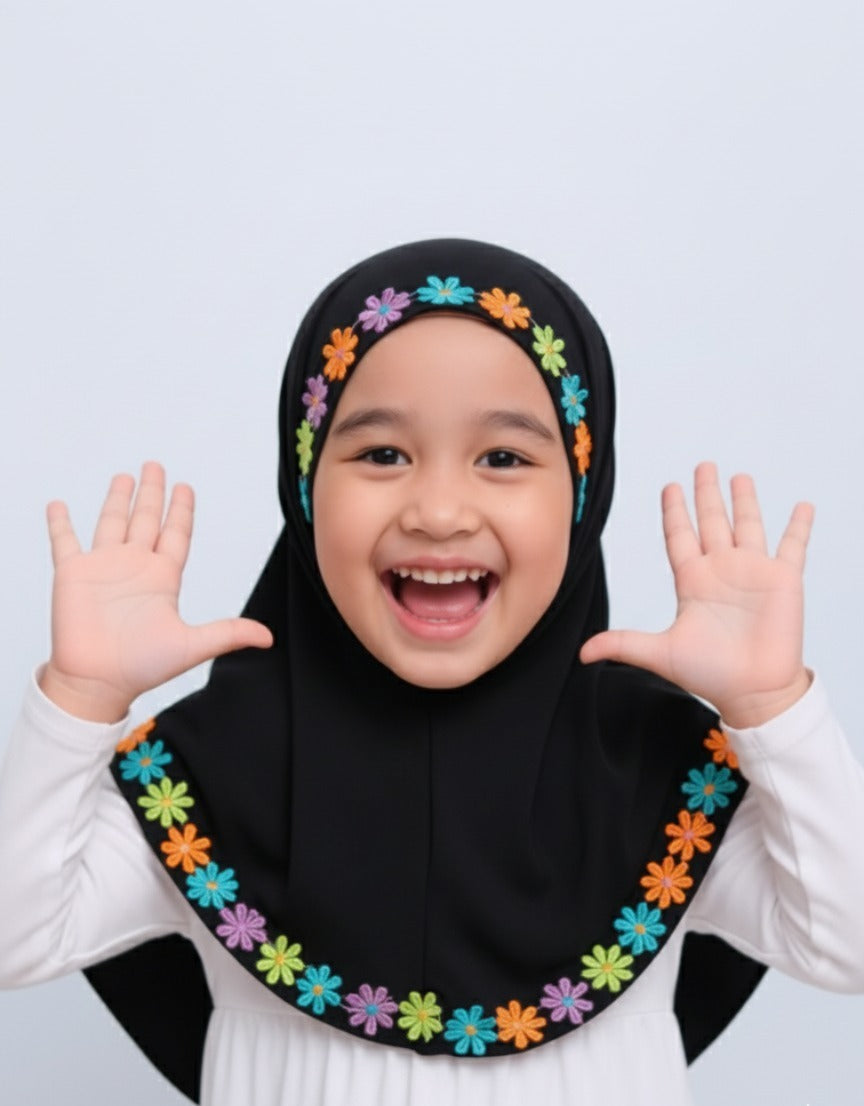 black floral hijab easy to wear for kids