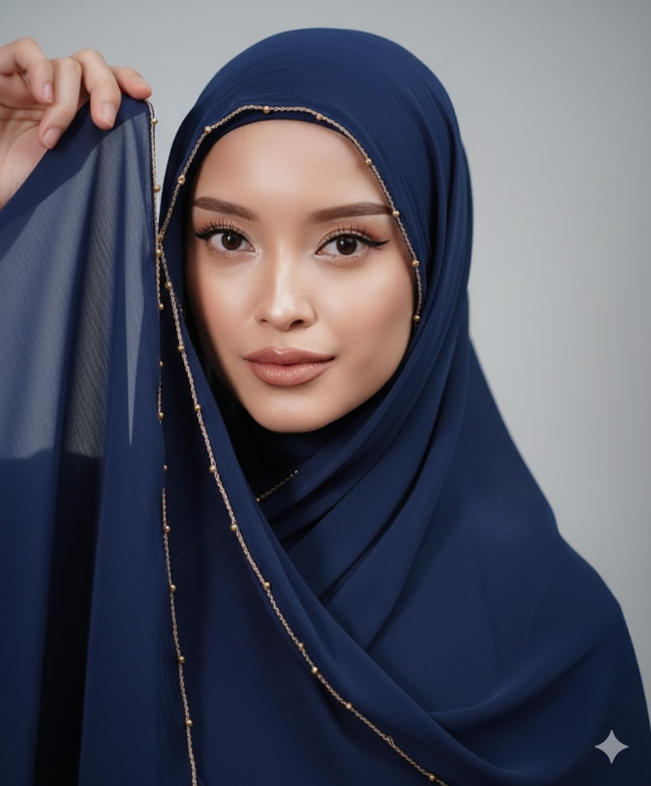 navy blue luxury_beaded_silk_hijab_with_cap_for_wedding_-_best_selling_hijab_in_pakistan