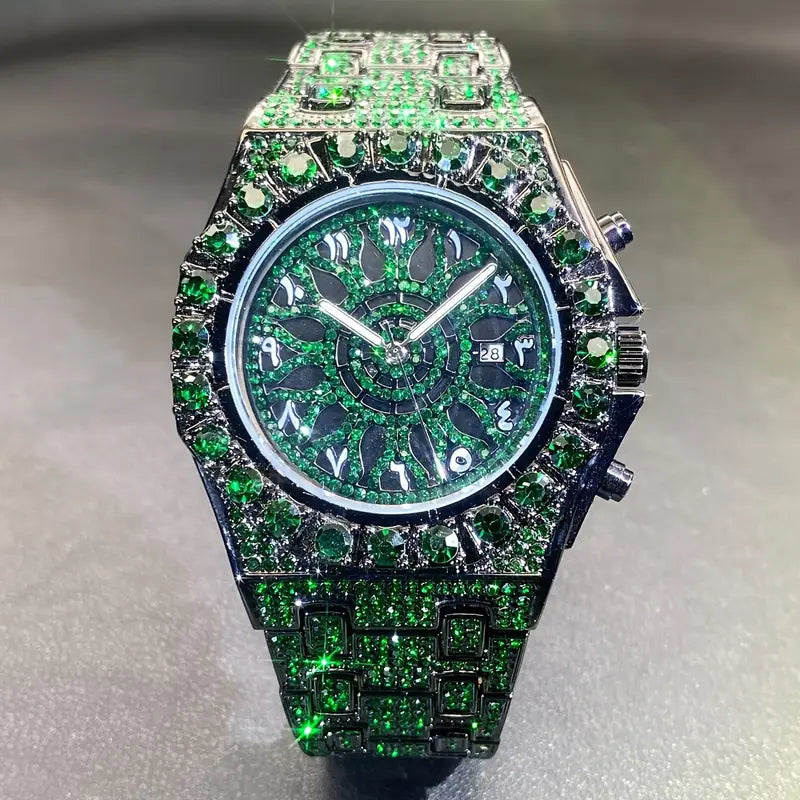 Diamond Cut Emarld Green Ice Rhinestone Clock Fashion Quartz Watch Luxury