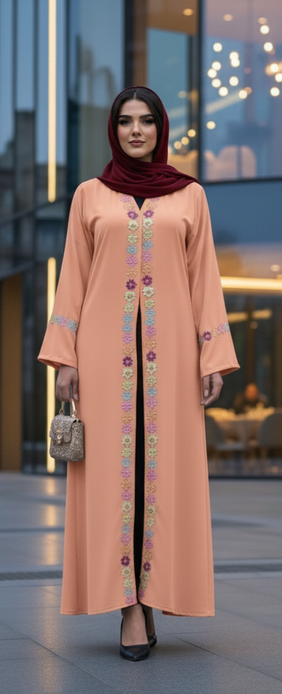 Mid Summer Floral Embroidered Open Abaya Matching Hijab - Women Abaya and Hijab