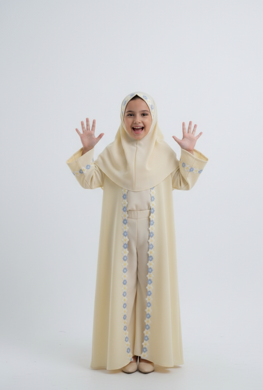 Kids beige creme Abaya with Attached Hijab – Floral Embroidered Premium Chiffon Abaya by SavvyShopz