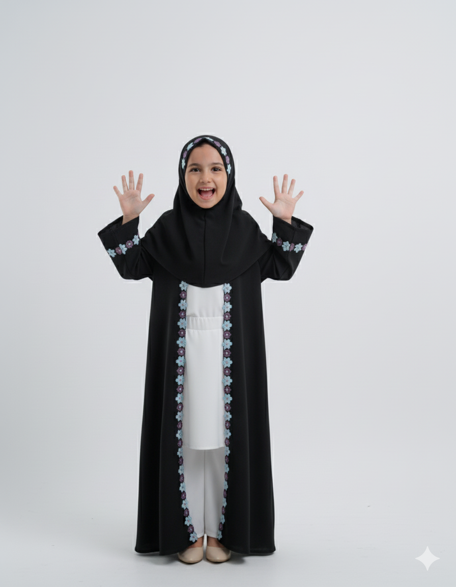 Kids black Abaya with Attached Hijab – Floral Embroidered Premium Chiffon Abaya by SavvyShopz