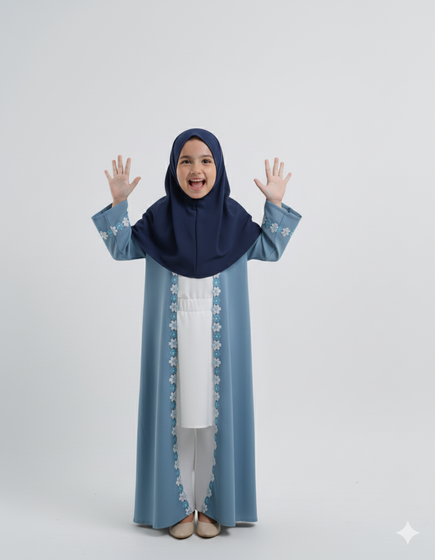 Kids cool blue Abaya with Attached Hijab – Floral Embroidered Premium Chiffon Abaya by SavvyShopz