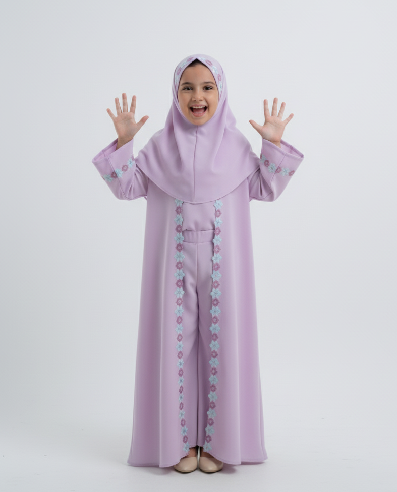 Kids Lilac Abaya with Attached Hijab – Floral Embroidered Premium Chiffon Abaya by SavvyShopz