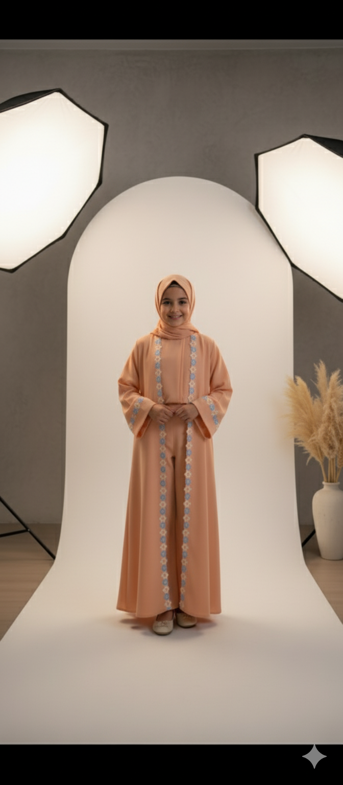 Kids peach Abaya with Attached Hijab – Floral Embroidered Premium Chiffon Abaya by SavvyShopz