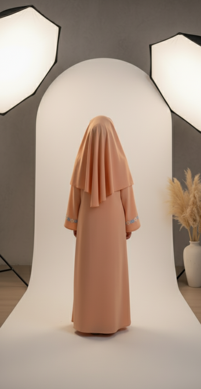 Kids peach Abaya with Attached Hijab – Floral Embroidered Premium Chiffon Abaya by SavvyShopz