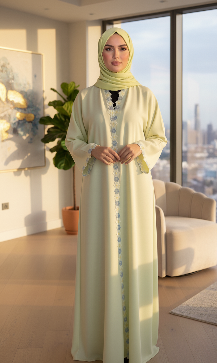 Woman in a light green abaya s- modest wear by savvyshopz.