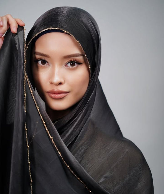 black luxury beaded silk hijab with cap for wedding - best selling hijab in pakistan