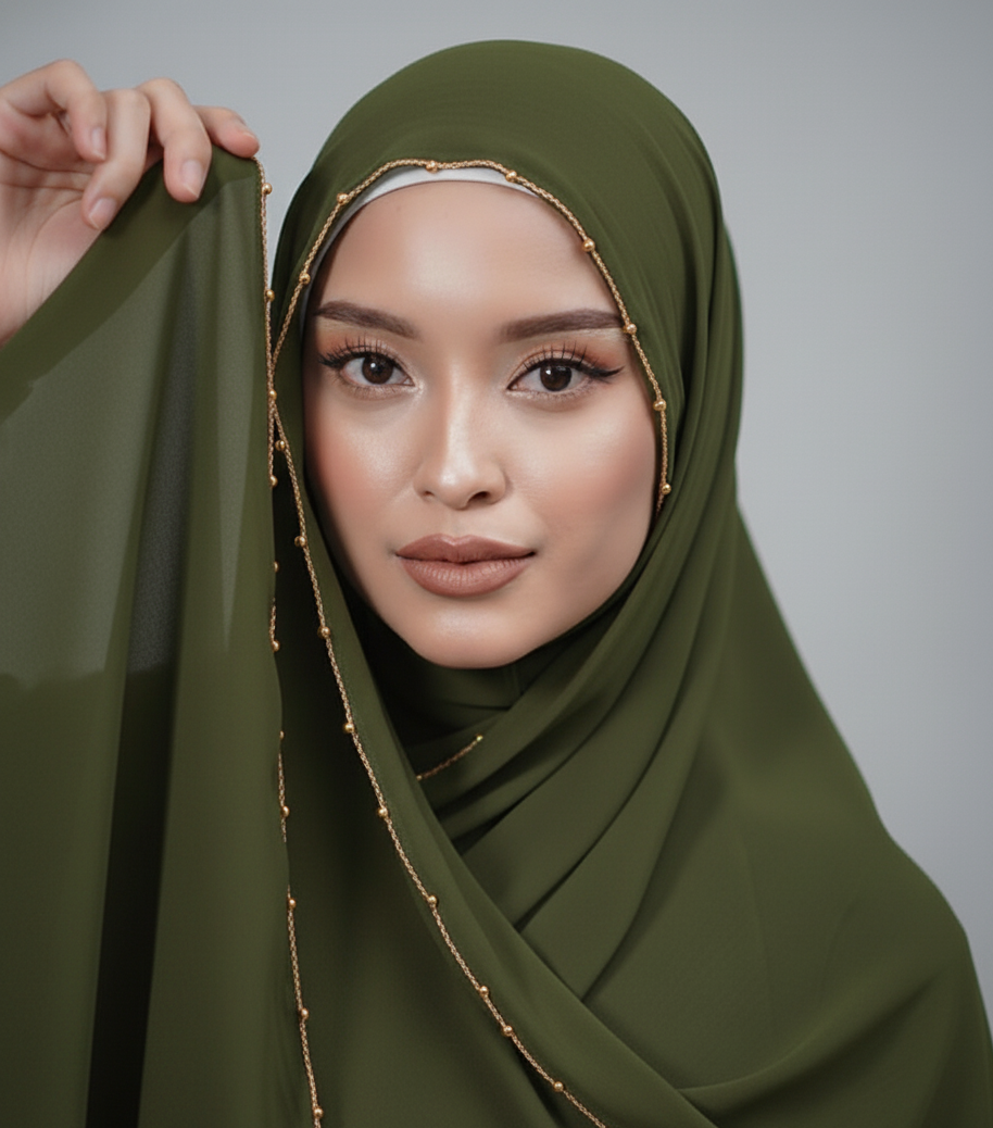 olive green luxury_beaded_silk_hijab_with_cap_for_wedding_-_best_selling_hijab_in_pakistan