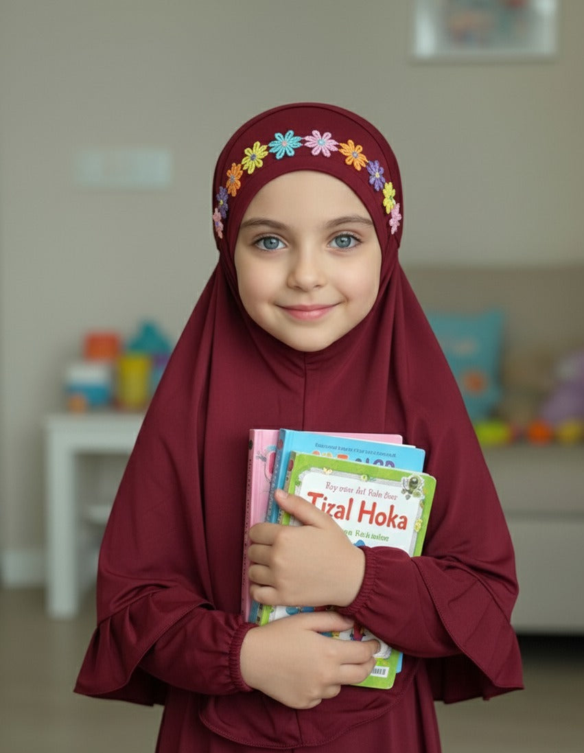 Maroon Kids Hijab with Floral Headband for School Girls – Savvy Shopz