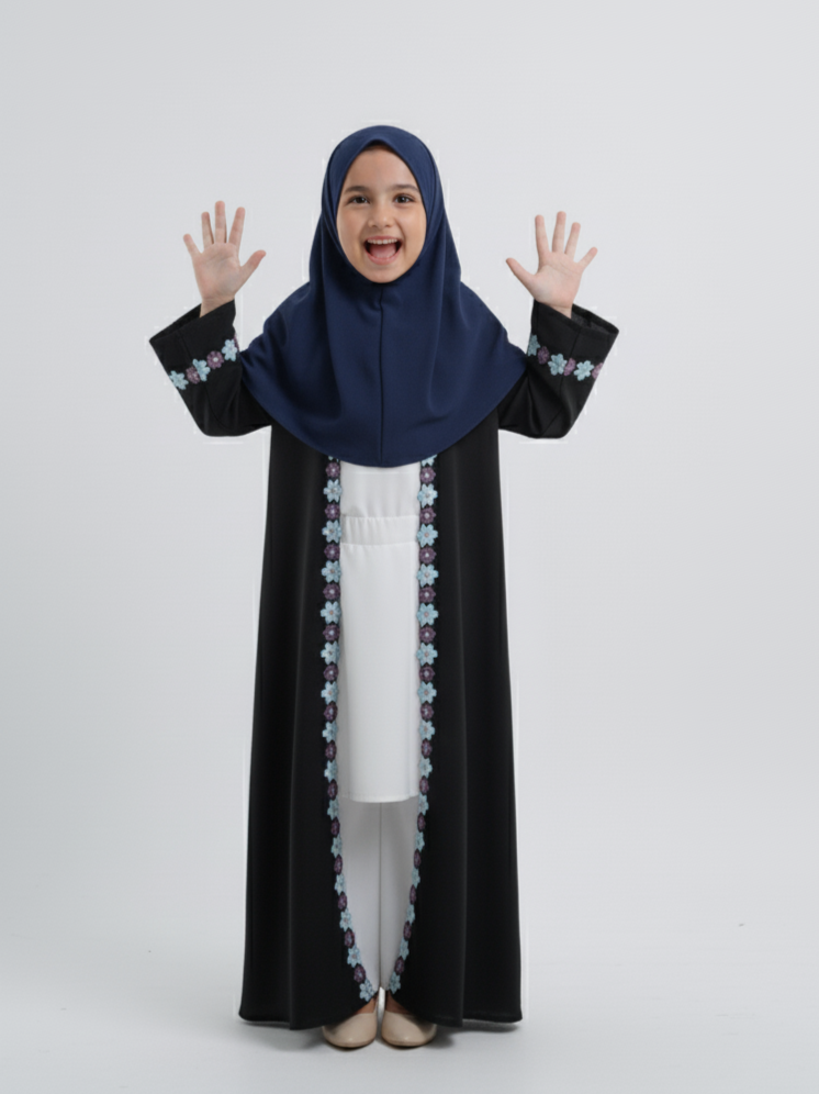 Kids Navy Blue Abaya with Attached Hijab – Floral Embroidered Premium Chiffon Abaya by SavvyShopz