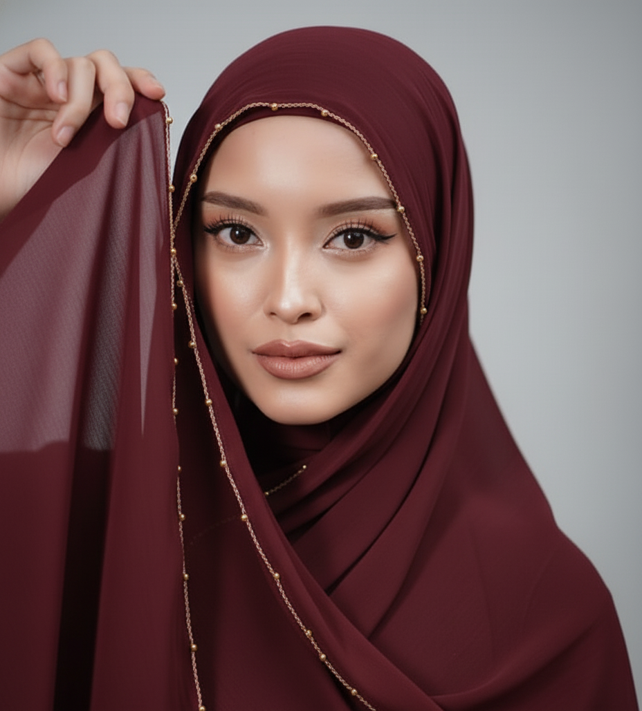 rose maroon beaded_silk_hijab_with_cap_for_wedding_-_best_selling_hijab_in_pakistan