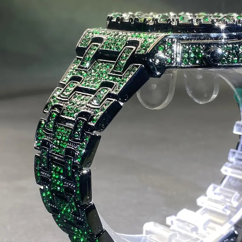 Diamond Cut Emarld Green Ice Rhinestone Clock Fashion Quartz Watch Luxury
