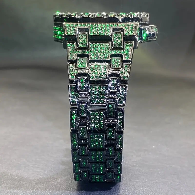 Diamond Cut Emarld Green Ice Rhinestone Clock Fashion Quartz Watch Luxury