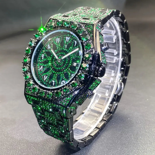 Diamond Cut Emarld Green Ice Rhinestone Clock Fashion Quartz Watch Luxury