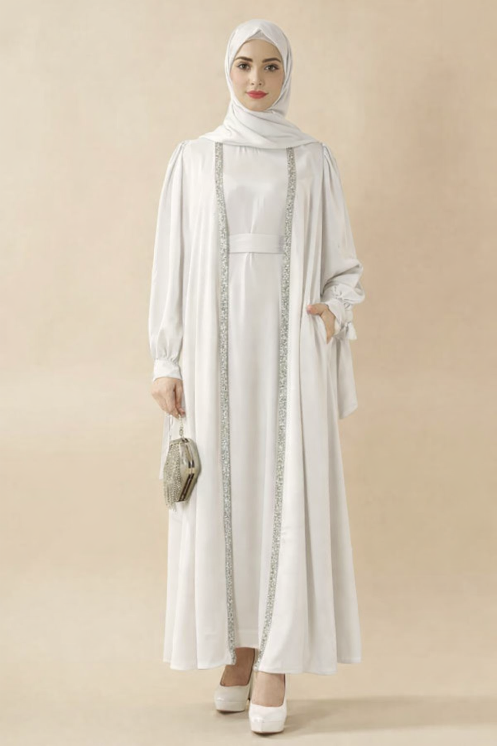 Bow Tie Sleeve Abaya Set With Long-sleeve Inner Dress