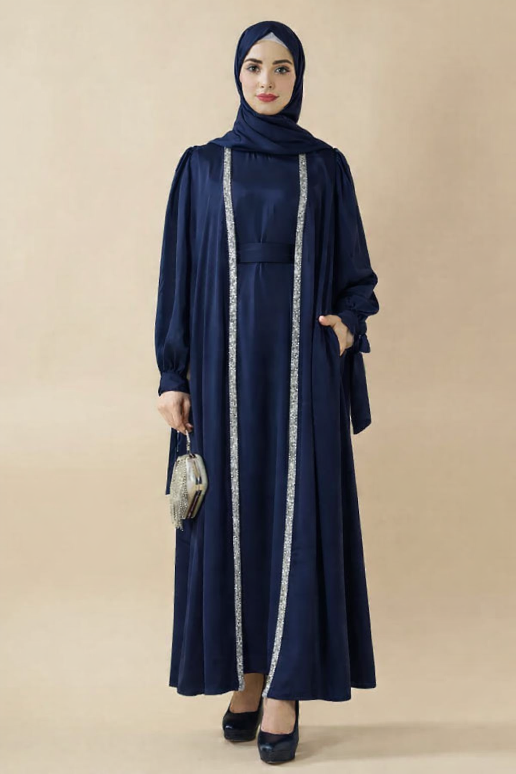 Bow Tie Sleeve Abaya Set With Long-sleeve Inner Dress
