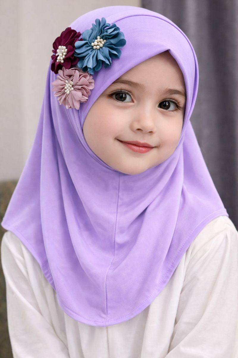 little noor lavender floral hijab for girls lightweight jersey hijab