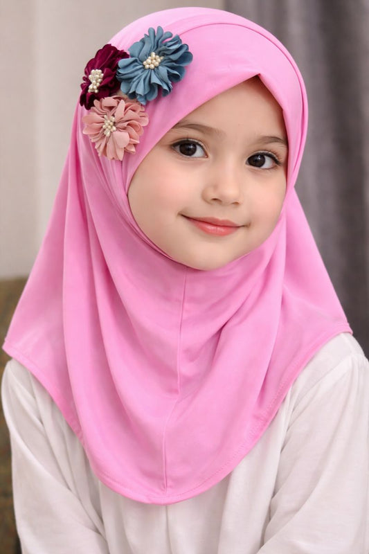 little noor pink floral hijab for girls soft jersey kids hijab pakistan