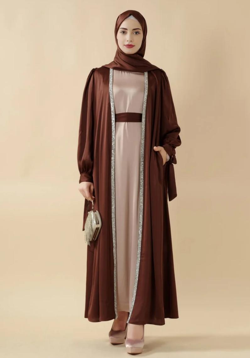 Bow Tie Sleeve Abaya Set With Long-sleeve Inner Dress