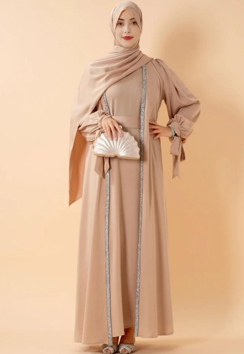 Bow Tie Sleeve Abaya Set With Long-sleeve Inner Dress