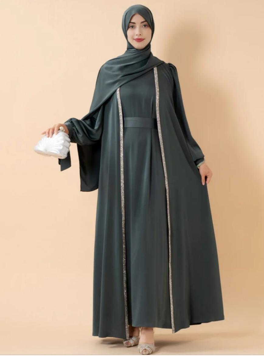 Bow Tie Sleeve Abaya Set With Long-sleeve Inner Dress