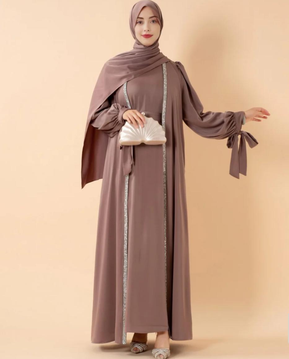 Bow Tie Sleeve Abaya Set With Long-sleeve Inner Dress