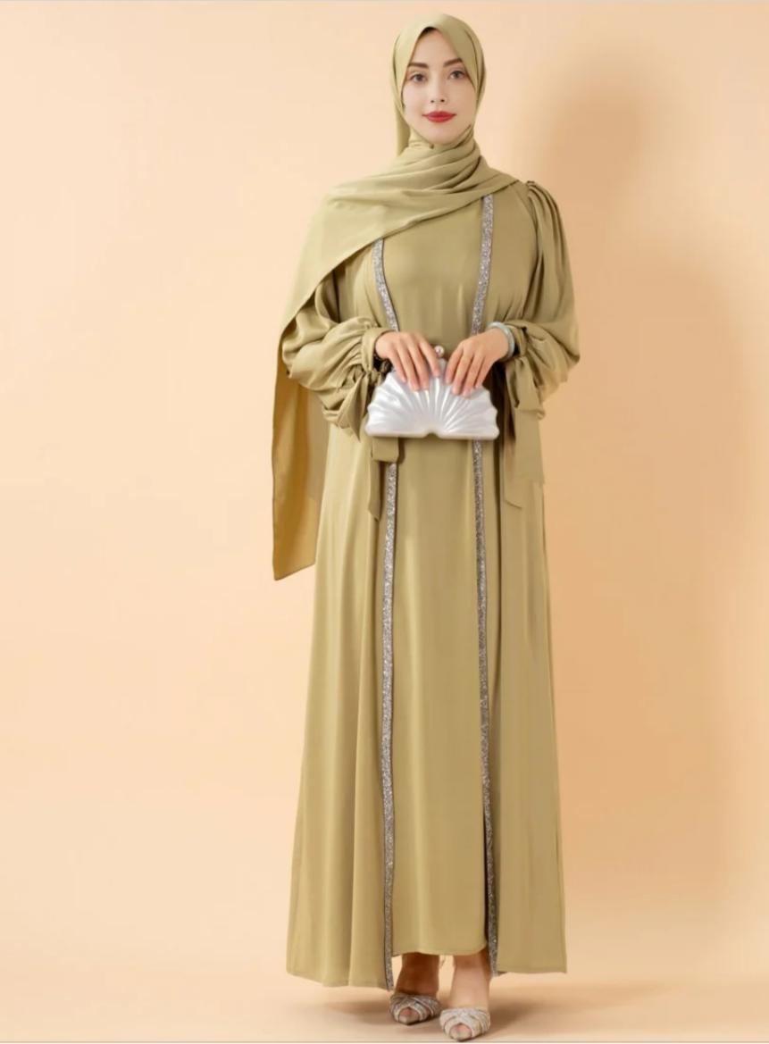 Bow Tie Sleeve Abaya Set With Long-sleeve Inner Dress