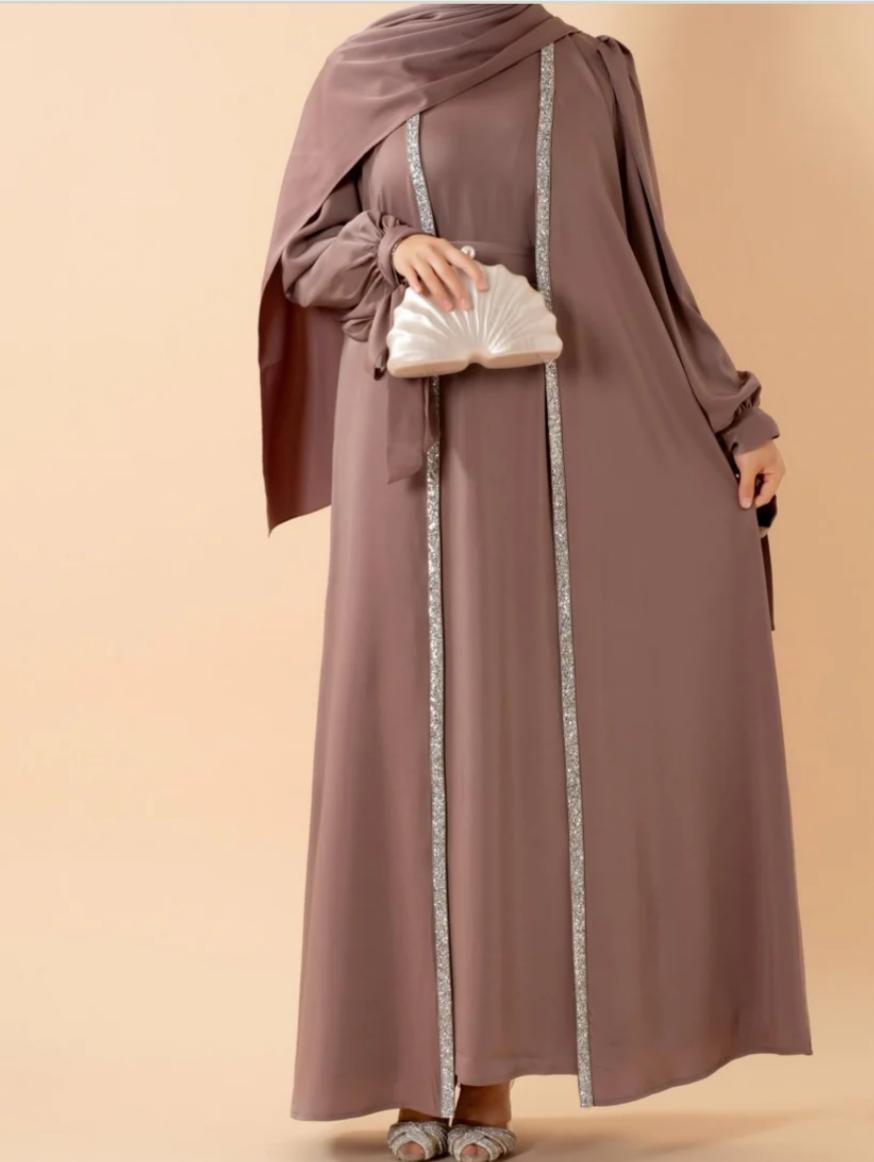 Bow Tie Sleeve Abaya Set With Long-sleeve Inner Dress