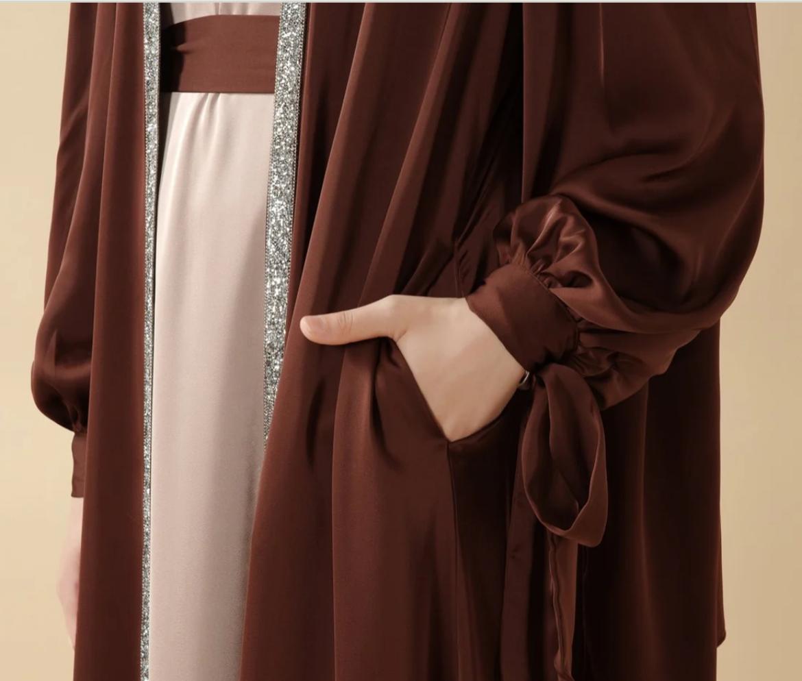 Bow Tie Sleeve Abaya Set With Long-sleeve Inner Dress