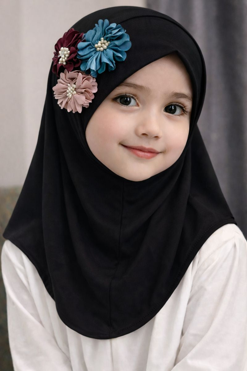 little noor black floral hijab soft jersey hijab for girls pakistan