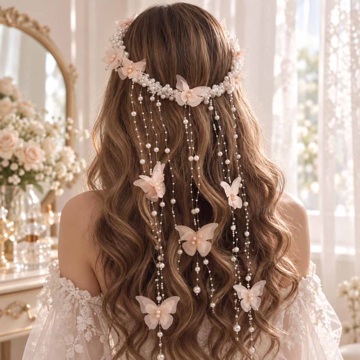Butterfly pearl hair crown with cascading pearl strands for girls and women
